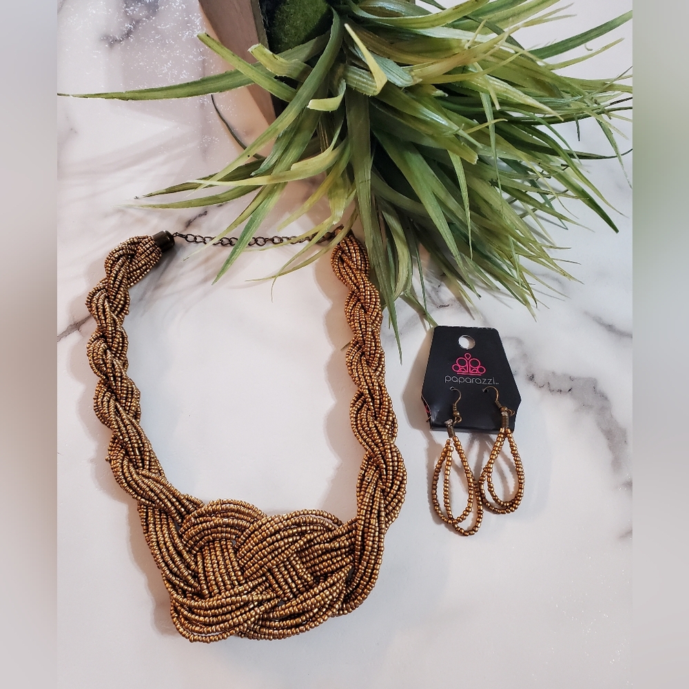 Bronze Braided Bead Necklace & Earring Set New